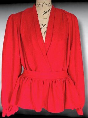 Halston S, M, L Red Peplum V-Neck Sash Tied Balloon Sleeves Statement Blouse NWT